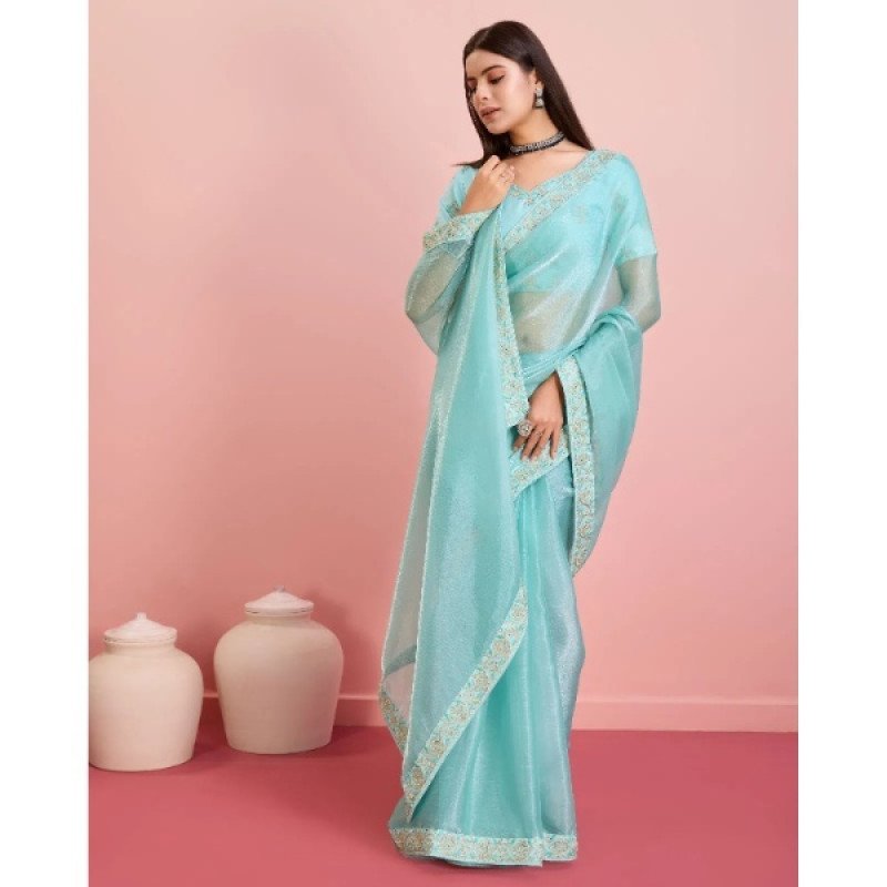 Apple Sky Blue Soft Silk Embroidered Saree with Contrast Border - Mocna