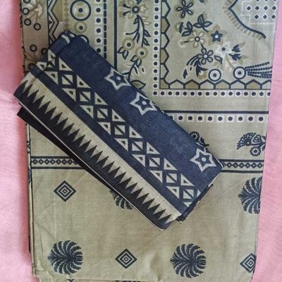 Olive Noir Block Print   Lawn Cotton Dress Material - Mocna