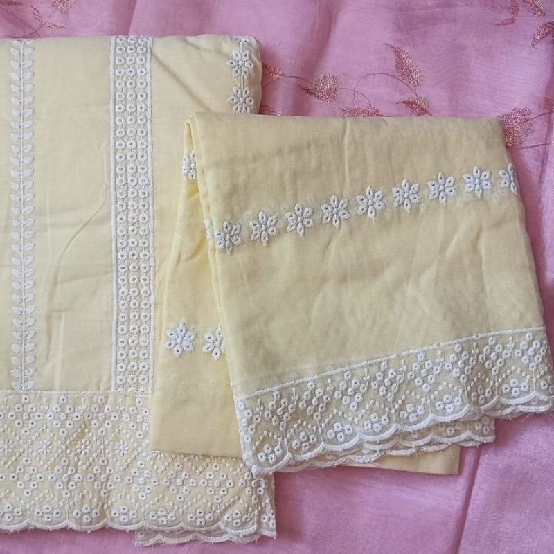 Light Yellow Embroidered Pure Cotton Dress Material Suit Set - Mocna