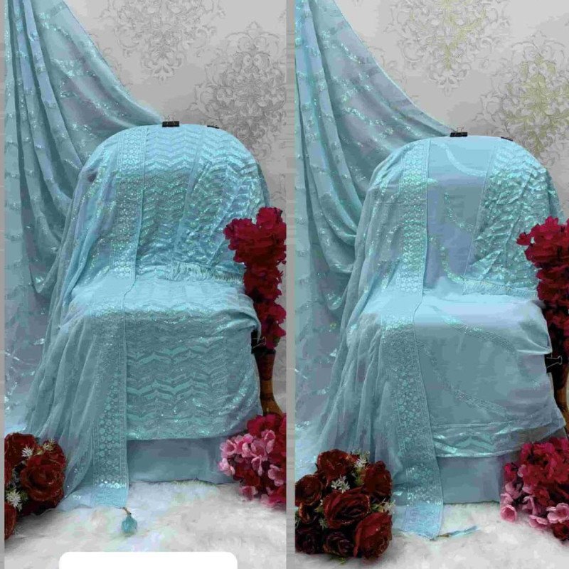 Light Blue Fox Georgette Embroidered Pakistani Suit – Unstitched Dress Material for Women with Santoon Inner &amp; Dupatta" -Mocna