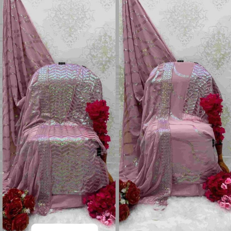 Pink Fox Georgette Embroidered Pakistani Suit – Unstitched Dress Material for Women with Santoon Inner &amp; Dupatta" -Mocna