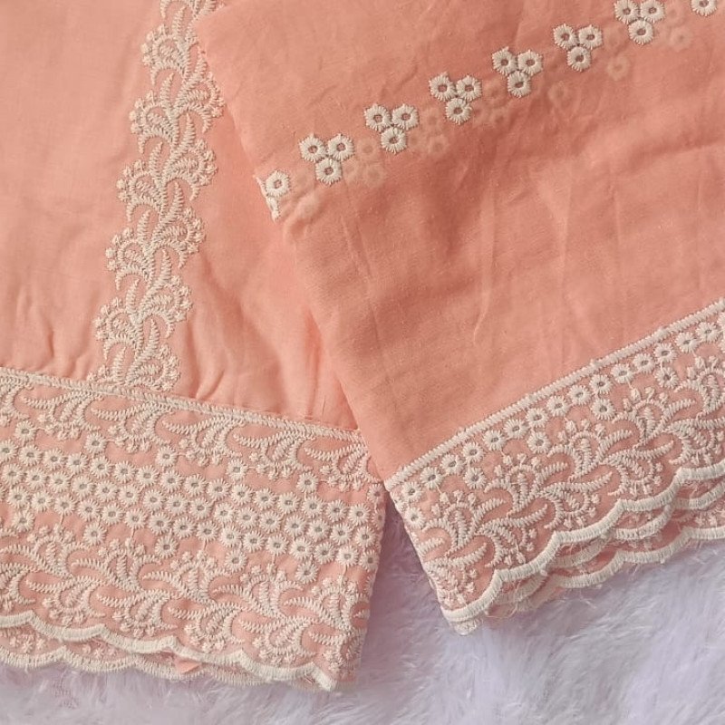 Light Orange(PEACH) Embroidered Pure Cotton Dress Material Suit Set - Mocna