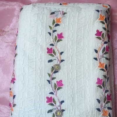 Floral White Threadwork Dress Material - MOCNA