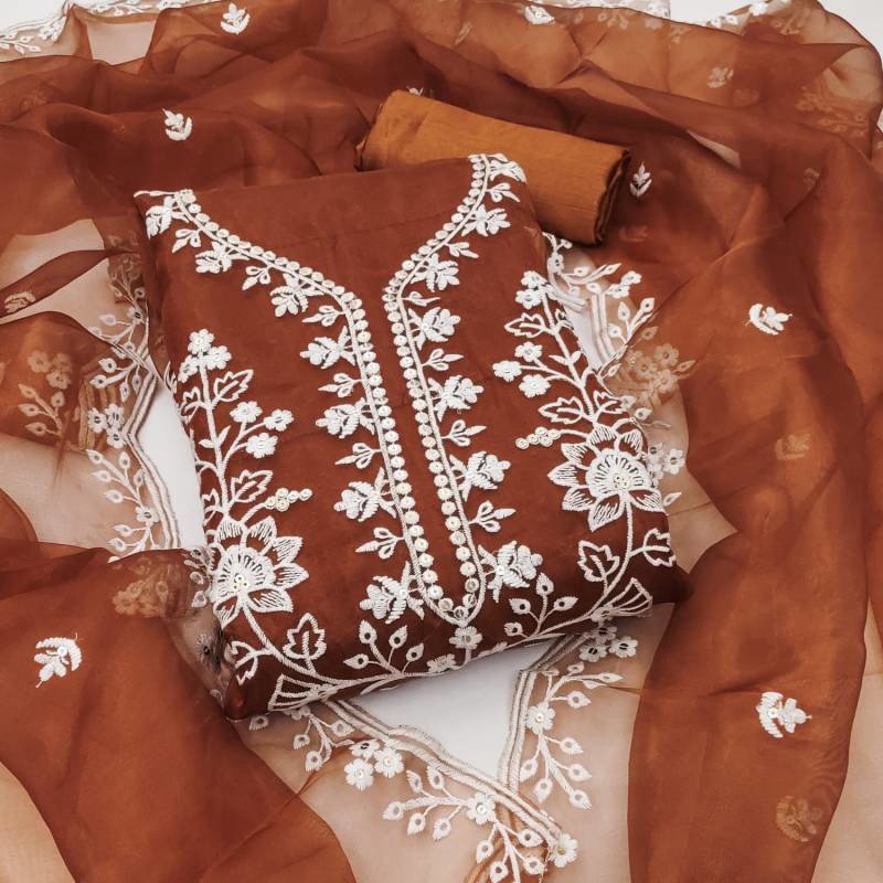 Brown Organza Thread Work 3-Piece Dress Material for Women – Mocna