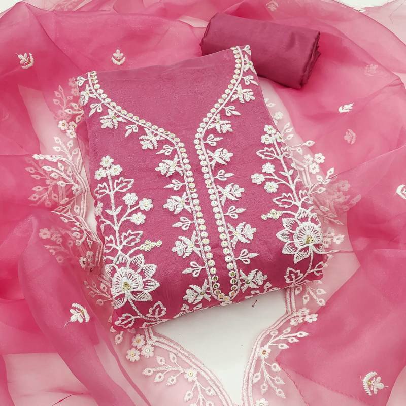Pink Organza Thread Work 3-Piece Dress Material for Women – Mocna