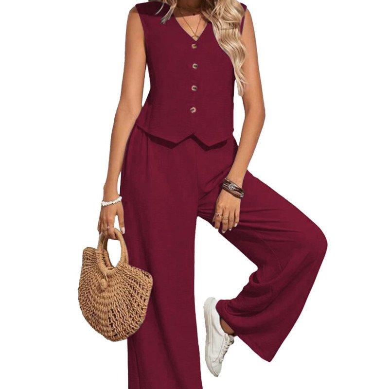 Women’s Slub Cotton Maroon Sleeveless Top &amp; Pant Set- MOCNA