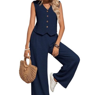 Slub Cotton Blue Sleeveless Top &amp; Pant Co-Ord Set- Mocna