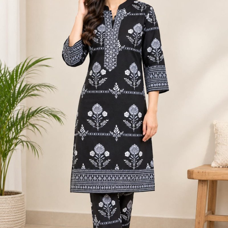 Black Printed Vatican Silk Kurta Pant Set -mocna
