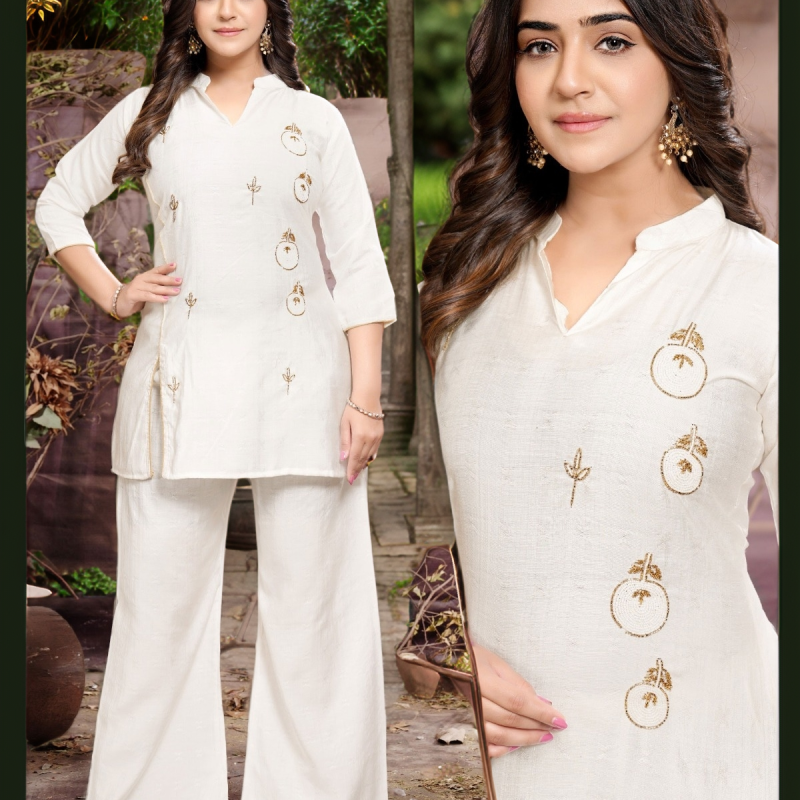 Elegant White Co-Ord Set For Women | Gold Beaded Ethnic Wear | Wedding &amp; Party Outfit - Mocna