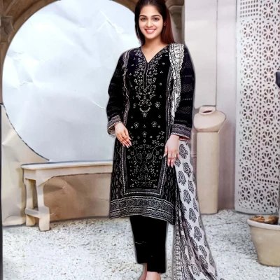 Black  Printed Lawn Cotton Dress Material - Mocna